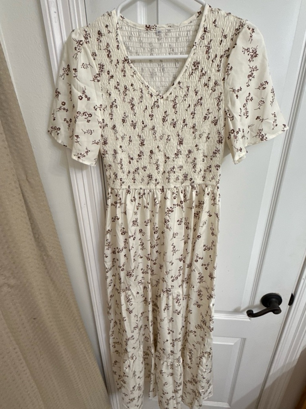 Cream Floral Smocked V-Neck Maxi Dress